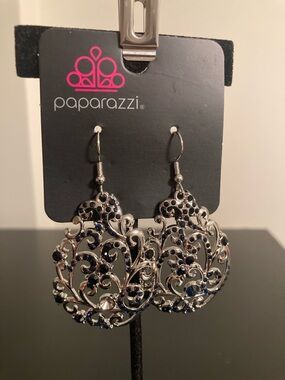 Paparazzi Silver Filigree Earrings with Dark Blue Stones